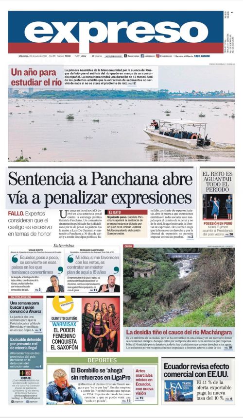 Portada de Diario Expreso, 29 de julio de 2026: "Sentencia a Panchana abre vía a penalizar expresiones". El caso, en el titular principal de la prensa nacional. © Diario Expreso.